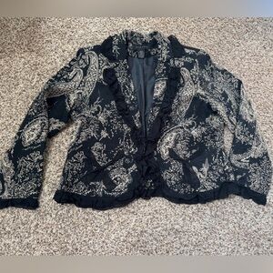 Silk Land Gold Paisley on Black Silk Crepe Blazer Ruffle Edge XL